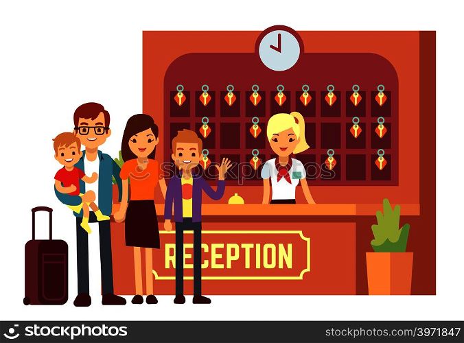 Hotel reservation vector concept with young happy family at reception. People on holiday background. Hotel reception and family on vacation illustration. Hotel reservation vector concept with young happy family at reception. People on holiday background