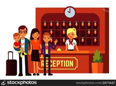 Hotel reservation vector concept with young happy family at reception. People on holiday background. Hotel reception and family on vacation illustration. Hotel reservation vector concept with young happy family at reception. People on holiday background