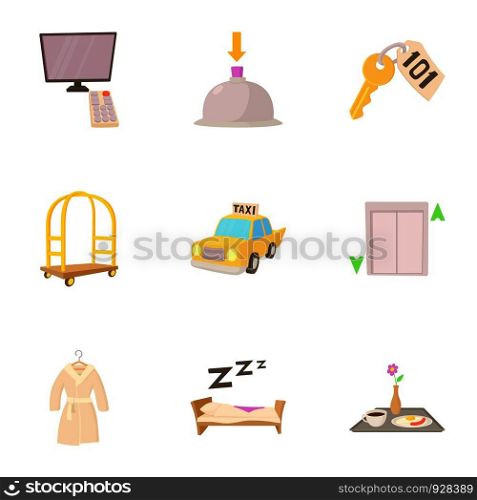 Hotel resort icons set. Cartoon set of 9 hotel resort vector icons for web isolated on white background. Hotel resort icons set, cartoon style