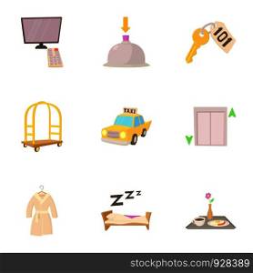 Hotel resort icons set. Cartoon set of 9 hotel resort vector icons for web isolated on white background. Hotel resort icons set, cartoon style