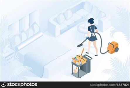 Hotel Room Cleaning Service. Maid in Uniform Vacuuming Carpet in Hotel Apartment with Bed, Table, Sofa Vector Isometric Illustration. Woman Professional Staff with Janitor Cart Cleaning Supplies. Maid Hotel Room Cleaning Service Illustration