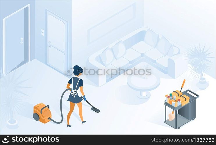 Hotel Room Cleaning Service. Vector Isometric Illustration Maid in Uniform with Apron Vacuuming Carpet in Hotel Apartment with Table and Sofa. Cleanup Woman Housekeeping Interior Chambermaid Concept.. Maid in Uniform Vacuuming Carpet in Hotel Room