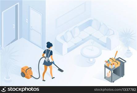 Hotel Room Cleaning Service. Vector Isometric Illustration Maid in Uniform with Apron Vacuuming Carpet in Hotel Apartment with Table and Sofa. Cleanup Woman Housekeeping Interior Chambermaid Concept.. Maid in Uniform Vacuuming Carpet in Hotel Room
