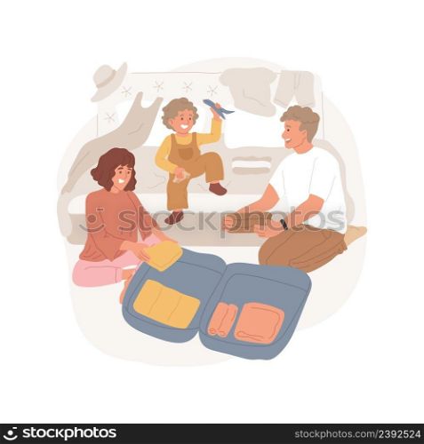 Hotel room isolated cartoon vector illustration Family travel, parents unpacking luggage, children playing in a hotel room, clothes on a big bed, arrival to a holiday resort vector cartoon.. Hotel room isolated cartoon vector illustration