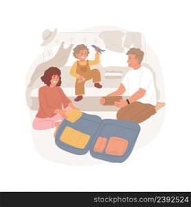 Hotel room isolated cartoon vector illustration Family travel, parents unpacking luggage, children playing in a hotel room, clothes on a big bed, arrival to a holiday resort vector cartoon.. Hotel room isolated cartoon vector illustration