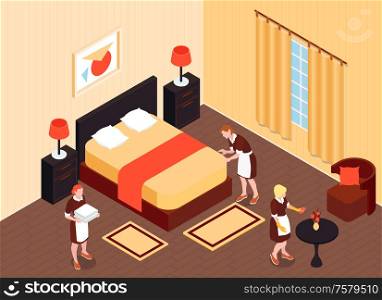 Hotel room isometric background with maids and cleaner preparing hotel apartment for settlement vector illustration