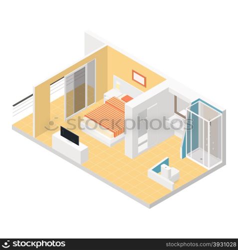 Hotel room isometric detailed set. Hotel room isometric detailed set vector graphic illustration
