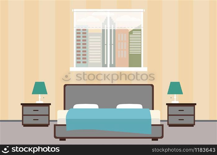 Hotel room or Bedroom Interior flat design.Home furniture.cartoon vector illustration. Hotel room or Bedroom Interior flat design.Home furniture