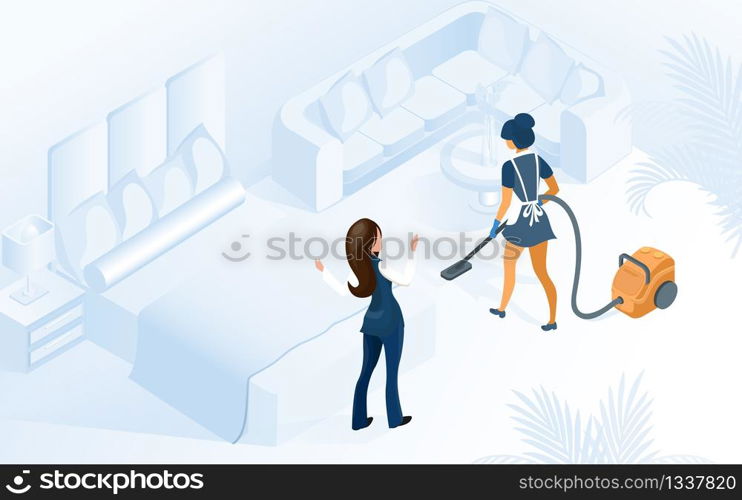 Hotel Room Professional Cleaning Service. Cartoon Maid in Uniform Vacuuming Carpet Floor in Hotel Apartmen Vector Isometric Illustration. Woman Administrator Assistant Manager near Bed. Hotel Room Professional Cleaning Service Woman