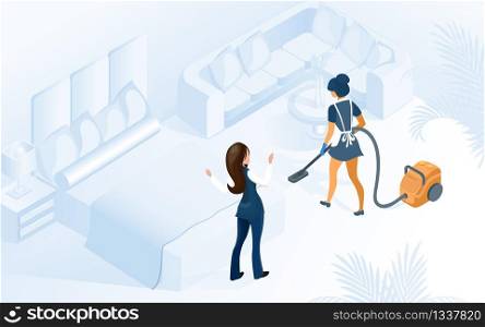 Hotel Room Professional Cleaning Service. Cartoon Maid in Uniform Vacuuming Carpet Floor in Hotel Apartmen Vector Isometric Illustration. Woman Administrator Assistant Manager near Bed. Hotel Room Professional Cleaning Service Woman