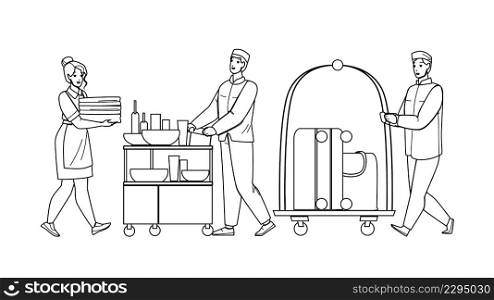 Hotel Room Service Servicing Client Set Black Line Pencil Drawing Vector. Woman Housemaid Carrying Linen, Man Carry Food And Luggage on Cart To Apartment. Characters Motel Workers Illustration. Hotel Room Service Servicing Client Set Vector