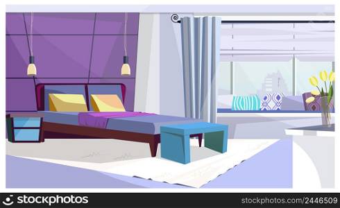 Hotel room with bed in purple color vector illustration. Bedroom with hanging lamps and cushions on window-sill. Interior illustration. Hotel room with bed in purple color vector illustration