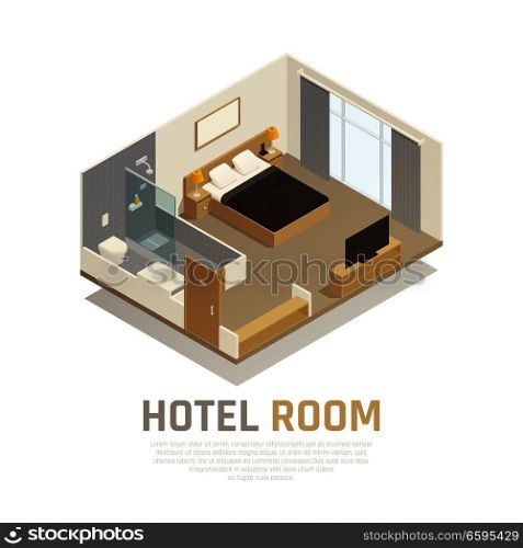 Hotel room with light furniture television and bath area with shower and toilet isometric composition vector illustration. Hotel Room Isometric Composition