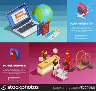 Hotel Service 2 Isometric Webpage Banners . Online trip planning hotel booking service 2 isometric banners webpage design with earth globe passports tickets vector illustration