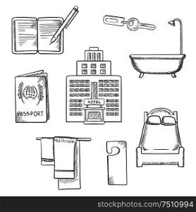 Hotel service concept sketch design with apartment icons as bed, room key, not disturb sign, towels, bathroom, hotel building, passport and notebook, . Hotel service concept sketch design icons