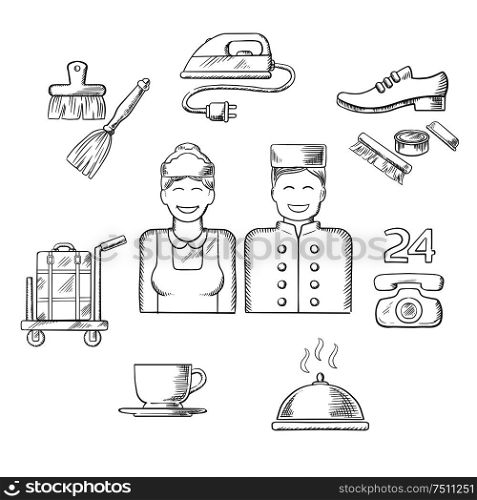Hotel service icons in sketch style with bell boy, maid, ironing and breakfast, cleaning and laundry, luggage and shoeshine. Hotel service icons and symbols