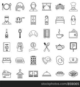 Hotel service icons set. Outline style of 36 hotel service vector icons for web isolated on white background. Hotel service icons set, outline style