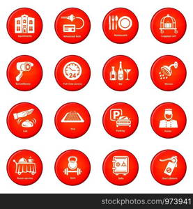 Hotel service icons set vector red circle isolated on white background . Hotel service icons set red vector