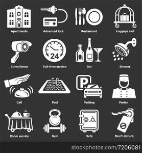 Hotel service icons set vector white isolated on grey background . Hotel service icons set grey vector