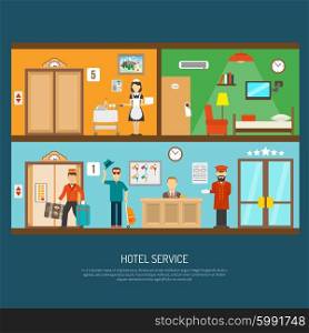 Hotel service illustration. Hotel service concept with room cleaning and reception flat vector illustration