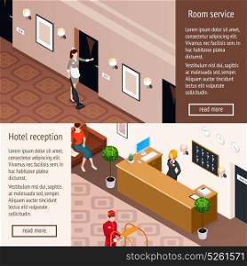 Hotel Service Isometric Horizontal Banners. Hotel service horizontal banners set including hotel reception and room service isometric compositions vector illustration