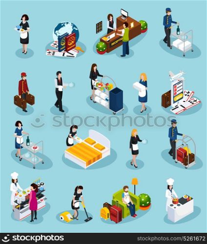 Hotel Service Isometric Icon Set. Colored hotel service isometric icon set providing successful customer service for guest experience vector illustration