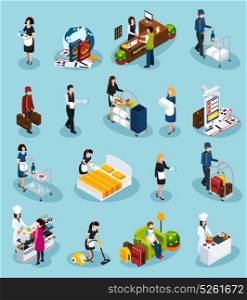 Hotel Service Isometric Icon Set. Colored hotel service isometric icon set providing successful customer service for guest experience vector illustration