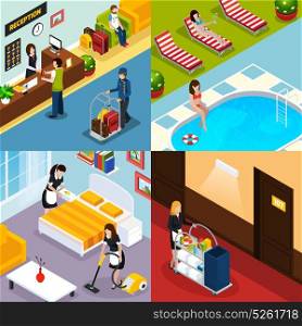 Hotel Service Isometric Icon Set. Four square hotel service isometric icon set with reception room pool maids cleaned room vector illustration