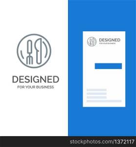 Hotel, Service, Knife, Plate Grey Logo Design and Business Card Template
