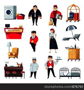 Hotel service personnel and interior furniture. Vector cartoon characters of security man, bellboy with luggage carriage, receptionist or parlormaid woman and chef with waiter. Hotel service personnel and interior furniture. Vector cartoon characters of security man