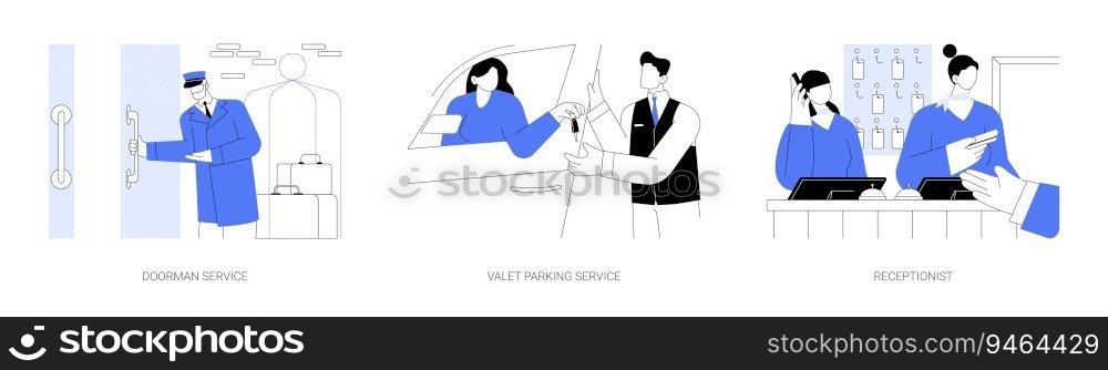 Hotel services abstract concept vector illustration set. Doorman and porter service, valet parking, hotel receptionist gives a key to client, hospitality business, travel service abstract metaphor.. Hotel services abstract concept vector illustrations.