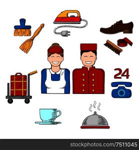 Hotel services colorful sketched icons with bell boy, maid and composition of room services icons with luggage, iron, shoe cleaning, telephone, food delivery, coffee and cleaning. Hotel and room service sketch icons