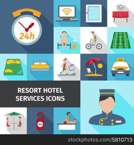 Hotel Services Flat Icon Set. Hotel and resort services staff restaurant sport cleaning symbol flat color icon set isolated vector illustration