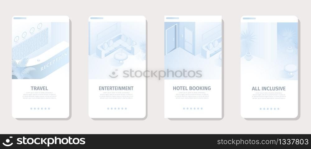 Hotel Services for Vacation Banners Set Vector Illustration. Modern Tourism, Travel and Business Interface for Social Media Landing Page Template. Comfortable Room Booking Reservation Isometric.. Hotel Services for Vacation Social Media Banner