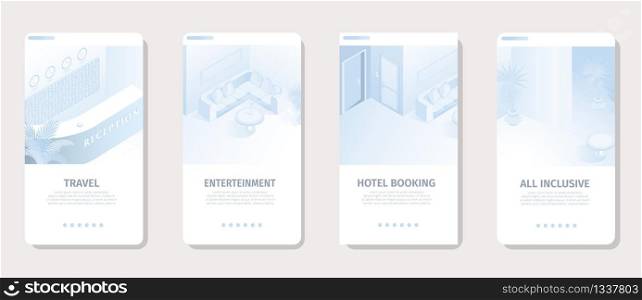 Hotel Services for Vacation Banners Set Vector Illustration. Modern Tourism, Travel and Business Interface for Social Media Landing Page Template. Comfortable Room Booking Reservation Isometric.. Hotel Services for Vacation Social Media Banner