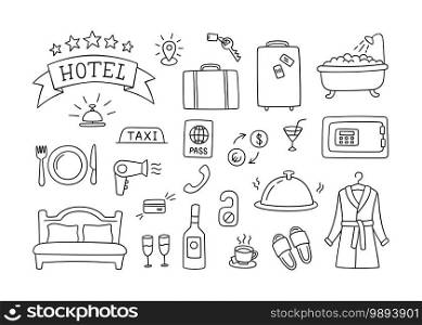 Hotel services hand drawn objects. Vector illustration in doodle style on white background. Hotel services hand drawn objects. Vector illustration