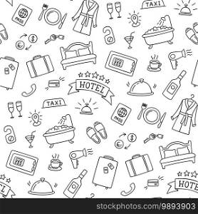 Hotel services hand drawn pattern. Bed, bath, safe, breakfast, bathrobe and other objects. Vector illustration in doodle style on white background. Hotel services hand drawn pattern. Bed, bath, safe, breakfast, bathrobe and other objects. Vector illustration