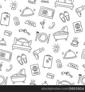 Hotel services hand drawn pattern. Vector illustration in doodle style on white background. Hotel services hand drawn pattern. Vector illustration