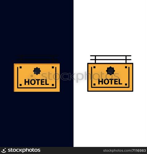 Hotel, Sign, Board, Direction Icons. Flat and Line Filled Icon Set Vector Blue Background