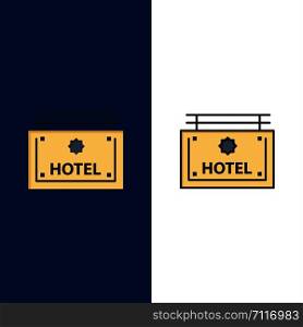 Hotel, Sign, Board, Direction Icons. Flat and Line Filled Icon Set Vector Blue Background
