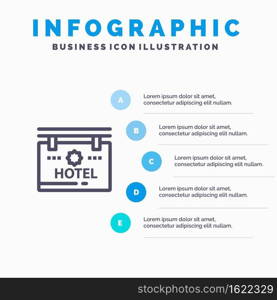 Hotel, Sign, Board, Location Blue Infographics Template 5 Steps. Vector Line Icon template