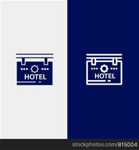 Hotel, Sign, Board, Location Line and Glyph Solid icon Blue banner