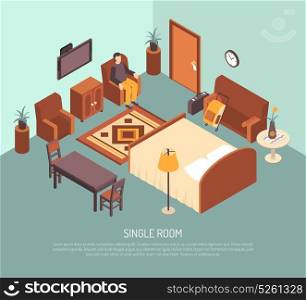 Hotel Single Room Isometric Illustration Poster. Hotel single room with bed carpet table guest in armchair and his luggage isometric poster vector illustration