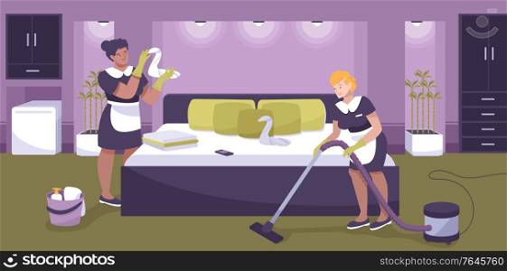 Hotel staff background with cleaning services symbols flat vector illustration