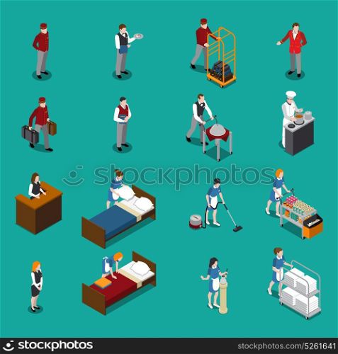 Hotel Staff Isometric Set. Hotel staff isometric set including administrator maid waiter porter chef bellboy on green background isolated vector illustration