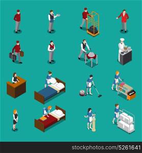 Hotel Staff Isometric Set. Hotel staff isometric set including administrator maid waiter porter chef bellboy on green background isolated vector illustration