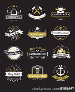 Hotel Stores And Cafe Vintage Logos. Vintage logos of hotel stores restaurant and cafe with design elements on black background isolated vector illustration