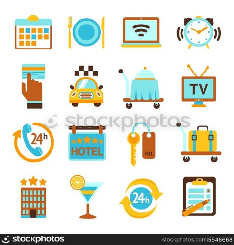 Hotel travel 24h room service flat icons set with breakfast bell and mobile tv isolated vector illustration