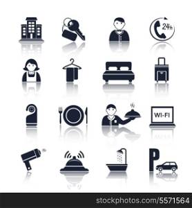 Hotel travel accommodation black pictograms set of room service maid and reception isolated vector illustration