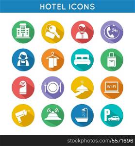 Hotel travel accommodation color icons set of restaurant food towel and bed isolated vector illustration
